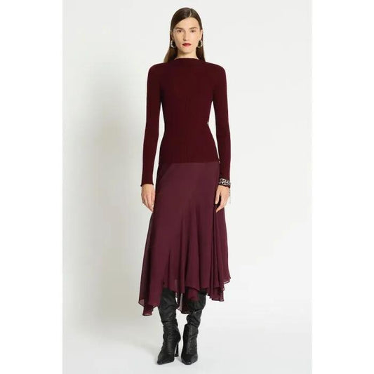 Image of a model wearing Tops. Productname: Moderno Fine Wool Knit Rib Top in Dark Cherry colour by brand - sass and bide