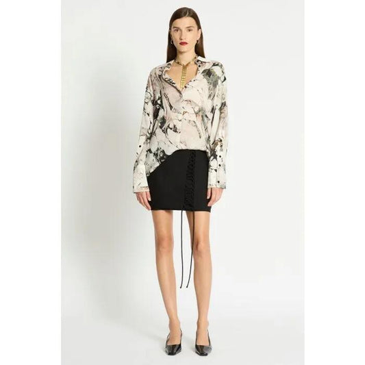 Image of a model wearing Tops. Productname: Ezra Shirt in PRINT colour by brand - sass and bide