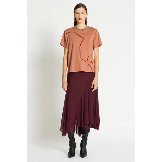 Image of a model wearing Tops. Productname: Sylie Tee in CEDAR WOOD colour by brand - sass and bide