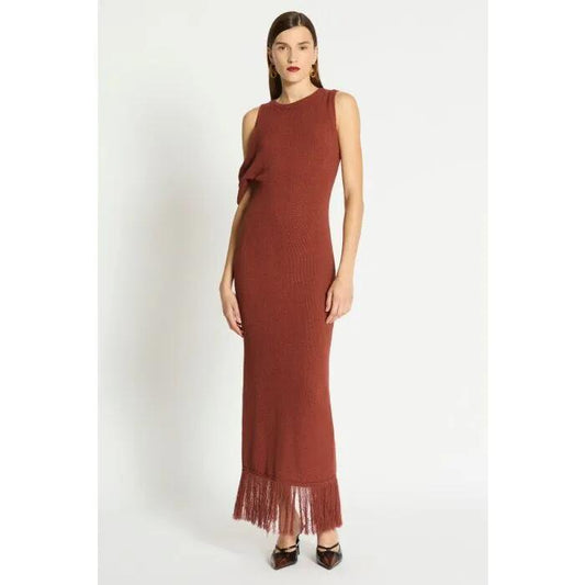 Image of a model wearing Dress. Productname: Vega Fringe Trim Knit Dress in BURNT TOFFEE colour by brand - sass and bide