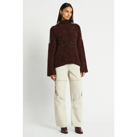 Image of a model wearing Outerwear. Productname: Alaska Knit Jumper in BITTER CHOCOLATE colour by brand - sass and bide