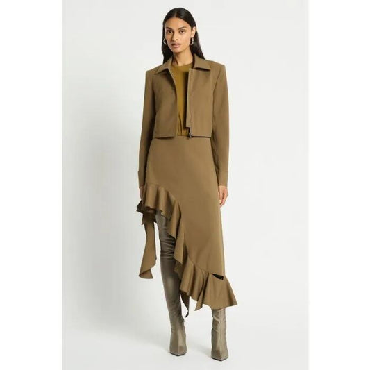 Image of a model wearing Outerwear. Productname: Proem Jacket in FERN colour by brand - sass and bide
