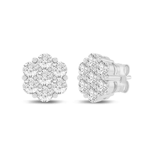Image of Earrings. Productname: Cluster Stud Earrings with 1.00tw of Laboratory-Grown Diamonds in Sterling Silver and Platinum in Diamond colour by brand - Bevilles