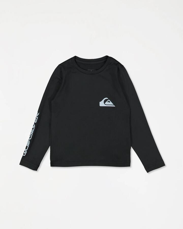 Image of a model wearing Tops. Product name - Quiksilver Boys 2-7 Everyday Long Sleeve Upf 50 Surf Shirt Black in Black colour by brand - Quiksilver