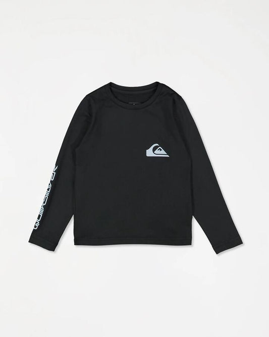 Image of a model wearing Tops. Product name - Quiksilver Boys 2-7 Everyday Long Sleeve Upf 50 Surf Shirt Black in Black colour by brand - Quiksilver