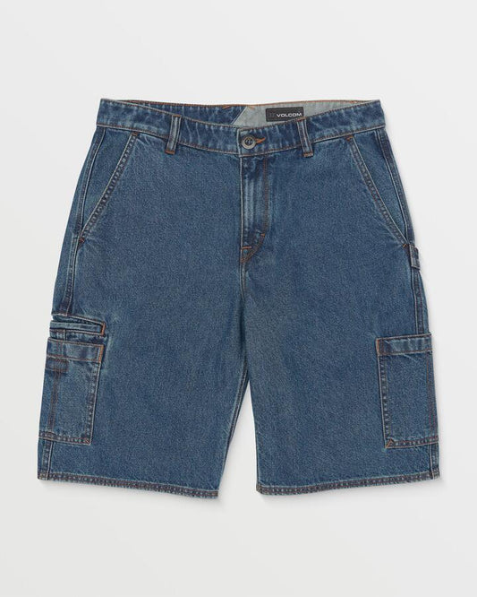 Image of a model wearing Shorts. Productname: Volcom Mens 1991 Utility Denim Shorts Indigo Ridge Wash - in Indigo Ridge Wash colour by brand - Volcom
