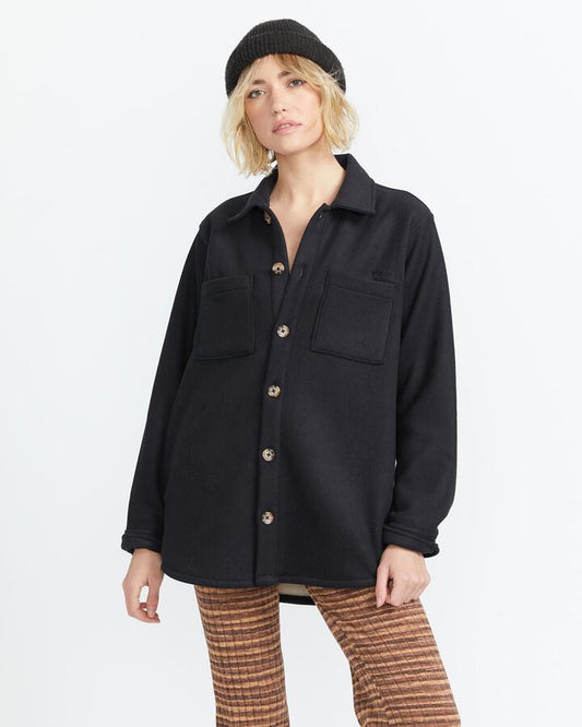 Image of a model wearing Outerwear. Productname: Volcom Womens Stn Bonded Shacket Black - in Black colour by brand - Volcom