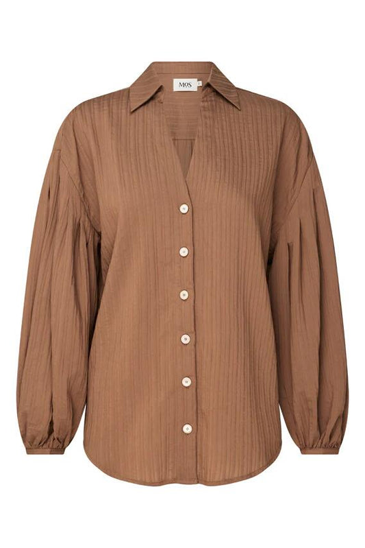 Image of a model wearing Tops. Productname: Maia Blouse in Caramel colour by brand - MOS The Label