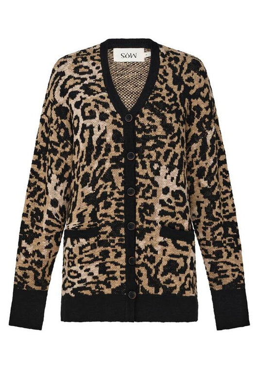 Image of a model wearing Outerwear. Productname: Anastacia Knit Cardigan in Leopard colour by brand - MOS The Label
