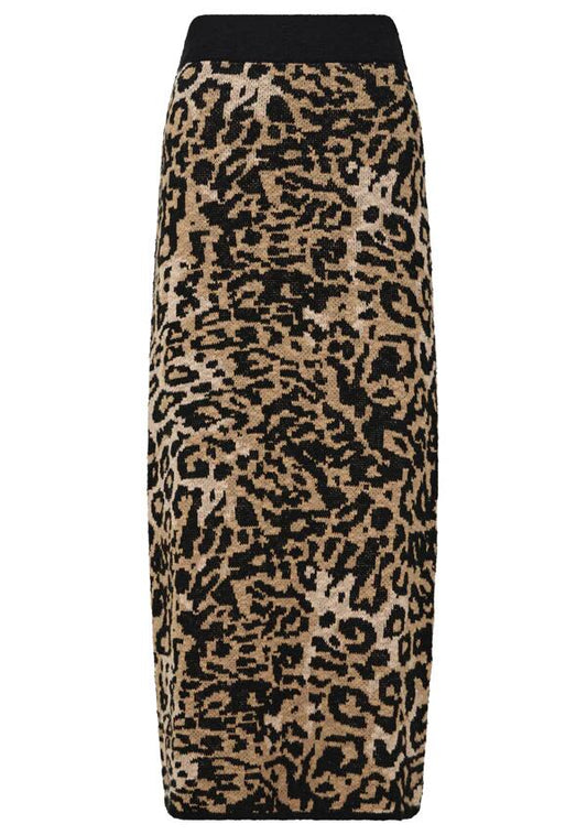 Image of a model wearing Skirts. Productname: Anastacia Knit Skirt in Leopard colour by brand - MOS The Label