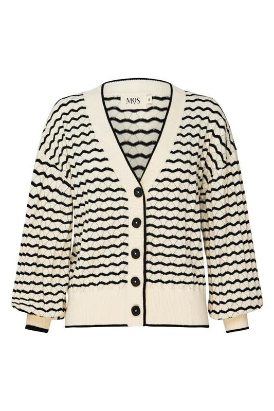 Image of a model wearing Outerwear. Productname: Elara Knit Cardigan in Black and White Stripe colour by brand - MOS The Label