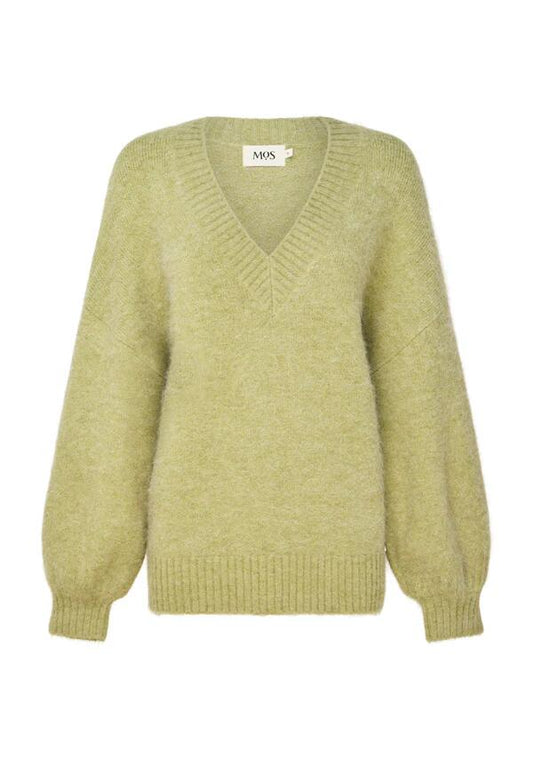 Image of a model wearing Outerwear. Productname: Vesper Knit Jumper in Pistachio colour by brand - MOS The Label