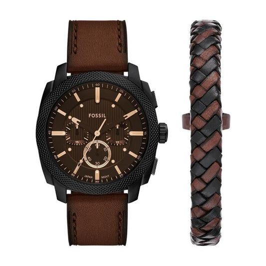 Image of Bracelets. Productname: Fossil Machine Chronograph Brown Leather Watch and Bracelet Set FS6102SET in Watch colour by brand - Fossil