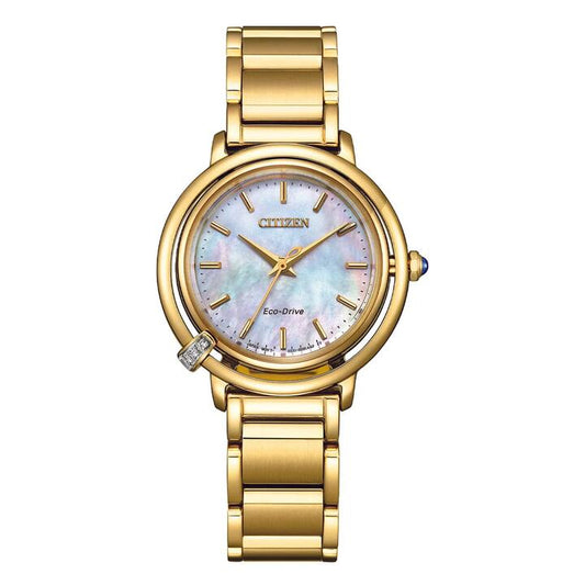 Image of a model wearing Dress. Productname: Citizen Women's Diamond Dress Watch EM1092-64D in Watch colour by brand - Citizen