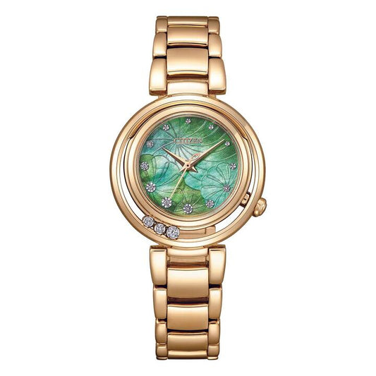 Image of a model wearing Dress. Productname: Citizen Women's Diamond Dress Watch EM1113-82Y in Watch colour by brand - Citizen