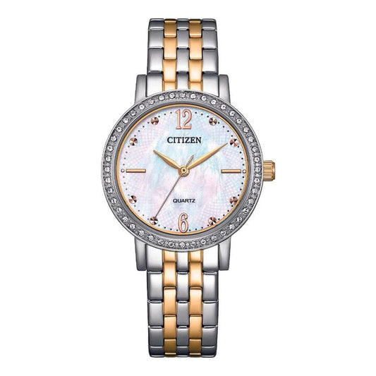 Image of a model wearing Dress. Productname: Citizen Women's Dress Watch EL3106-59D in Watch colour by brand - Citizen