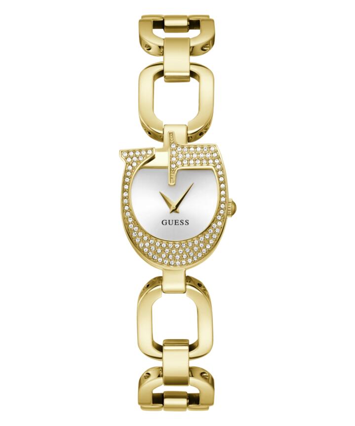 Image of Bracelets. Productname: Guess Gia Polished Gold Tone Logo Case With Crystals Sunray Silver Dial And Polished Gold Tone Bracelet With Adjustable G Links GW0683L2 in Watch colour by brand - Guess