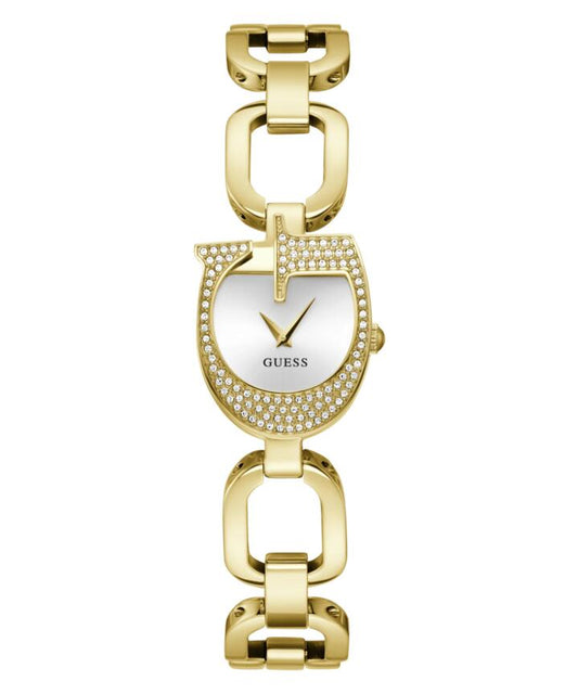 Image of Bracelets. Productname: Guess Gia Polished Gold Tone Logo Case With Crystals Sunray Silver Dial And Polished Gold Tone Bracelet With Adjustable G Links GW0683L2 in Watch colour by brand - Guess