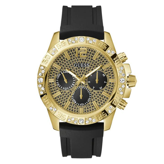 Image of Watches. Productname: GUESS Men's Black Gold Tone Multi-function Watch GW0909G2 in Watch colour by brand - Guess