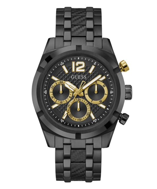 Image of Bracelets. Productname: Guess Resistance Brushed Black Case With Polished Black Bezel Sunray Black Multifunction Dial With A Brushed And Polished Black Bracelet GW0714G4 in Watch colour by brand - Guess