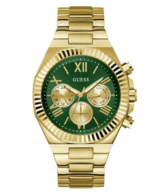Image of Bracelets. Productname: Guess Equity Brushed Gold Tone Case With Polished Gold Tone Bezel With Sunray Green Multifunction Dial And Brushed And Polished Gold Tone Bracelet GW0703G2 in Watch colour by brand - Guess