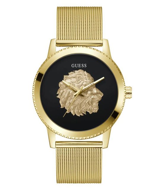 Image of Bracelets. Productname: Guess Monarch Polished Gold Tone Case Sunray Black Dial With A Polished Gold Tone Lion And Polished Gold Tone Mesh Bracelet GW0702G1 in Watch colour by brand - Guess