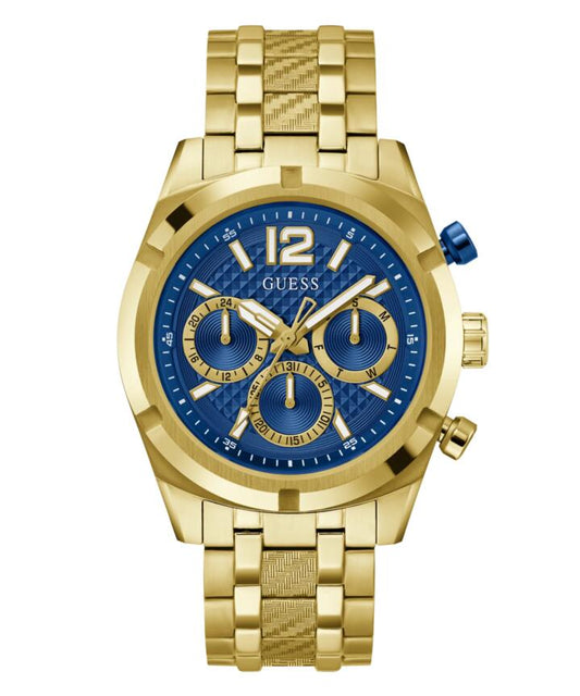 Image of Bracelets. Productname: Guess Resistance Brushed Gold Tone Case With Polished Gold Tone Bezel Sunray Blue Multifunction With A Brushed And Polished Gold Tone Bracelet GW0714G2 in Watch colour by brand - Guess