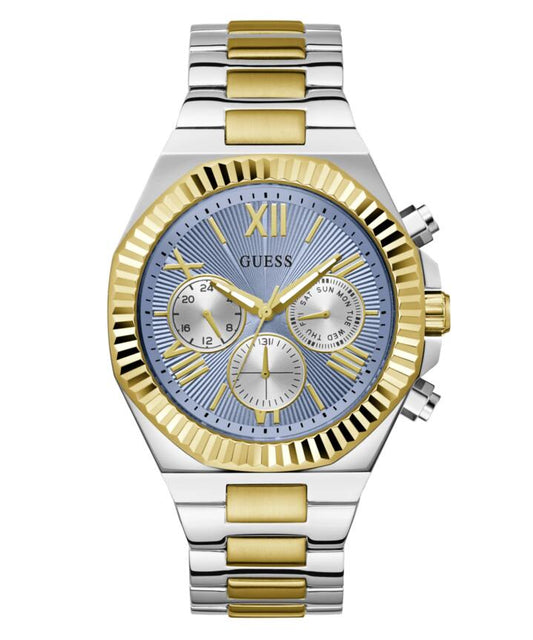 Image of Bracelets. Productname: Guess Equity Brushed Silver Tone Case With Polished Gold Tone Bezel With Sunray Glacial Blue Multifunction Dial And Brushed And Polished Two Tone Bracelet GW0703G3 in Watch colour by brand - Guess