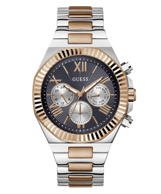 Image of Bracelets. Productname: Guess Equity Brushed Silver Tone Case With Polished Rose Gold Tone Bezel With Sunray Navy Multifunction Dial And Brushed And Polished Two Tone Bracelet GW0703G4 in Watch colour by brand - Guess
