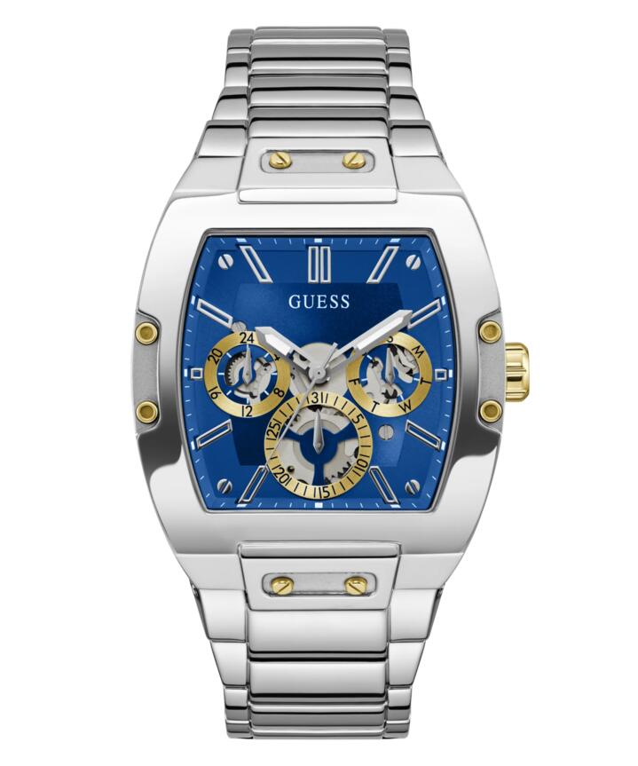 Image of Bracelets. Productname: Guess Phoenix Polished Silver Tone Case Sunray Blue Cut Thru Multifunction Dial And Polished Silver Tone Bracelet GW0456G5 in Watch colour by brand - Guess