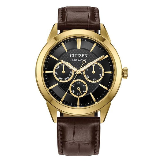 Image of a model wearing Dress. Productname: Citizen Men's Eco-Drive Dress Watch BU2112-06E in Watch colour by brand - Citizen