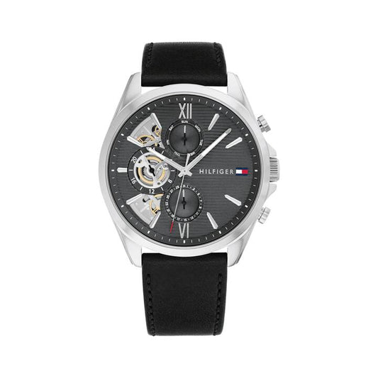 Image of Watches. Productname: Tommy Hilfiger Baker Black Leather Dark Grey Dial Men's Watch 1710644 in Watch colour by brand - Tommy Hilfiger