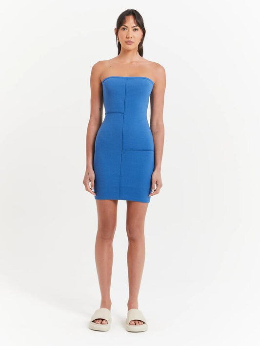Image of a model wearing Dress. Productname: Beyond Her Jordan Mini Dress in Denim Blue colour by brand - Beyond Her