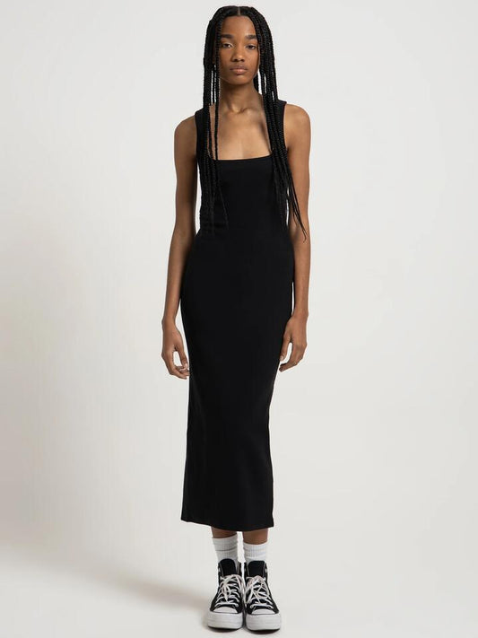 Image of a model wearing Dress. Productname: Beyond Her Misty Square Neck Midi Dress in Black colour by brand - Beyond Her
