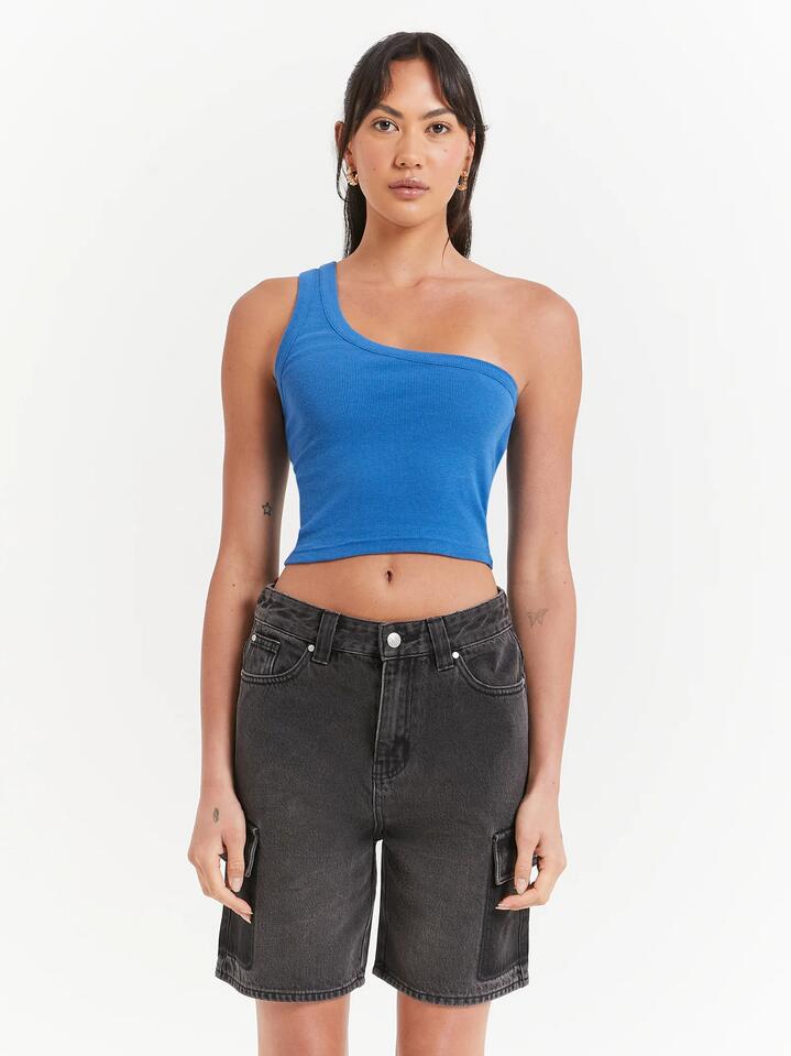 Image of a model wearing Tops. Productname: Beyond Her Jordan Asymmetrical Top in Denim Blue colour by brand - Beyond Her