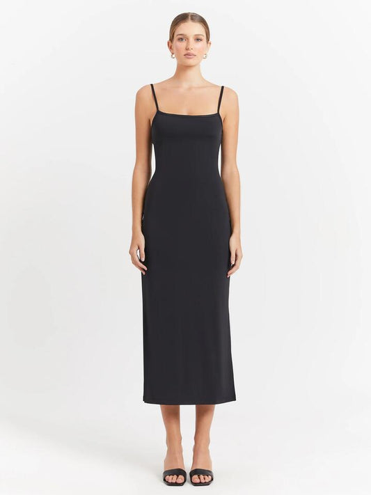 Image of a model wearing Dress. Productname: First Mse Mse Standard Low Back Dress in Black colour by brand - First Mse