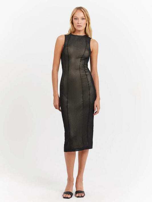 Image of a model wearing Dress. Productname: First Mse Cierra Mesh Dress in Black colour by brand - First Mse