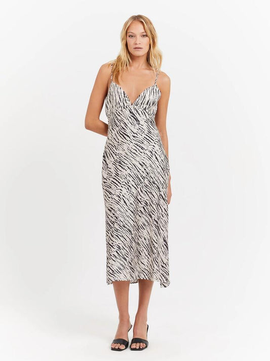 Image of a model wearing Dress. Productname: First Mse Leya Satin Midi Dress in Animalia colour by brand - First Mse