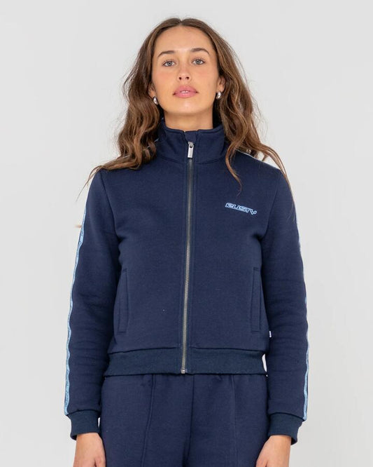 Image of a model wearing Outerwear. Productname: Rusty - Womens Midnights Zip Through Casual Jacket - Atlantic Blue - in Atlantic Blue colour by brand - Rusty
