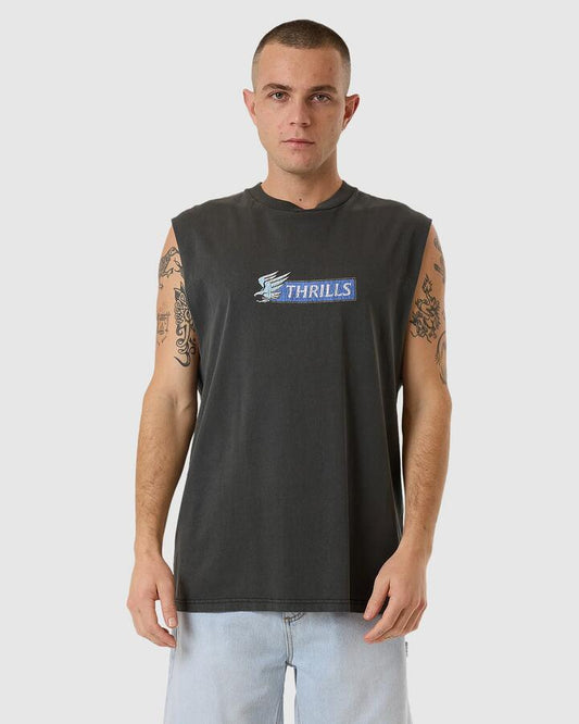 Image of a model wearing Tops. Productname: Thrills - Mens Allegiance Merch Fit Muscle - Merch Black - in Merch Black colour by brand - Thrills