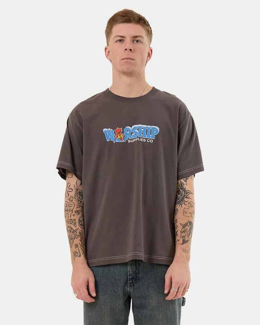 Image of T-Shirts. Product name - Worship Mens Be Cool T-Shirt Worn Black in Worn Black colour by brand - Worship