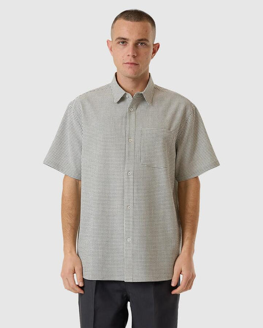 Image of a model wearing Tops. Productname: Thrills - Mens Morphing Check Short Sleeve Shirt - Light Grey - in Light Grey colour by brand - Thrills