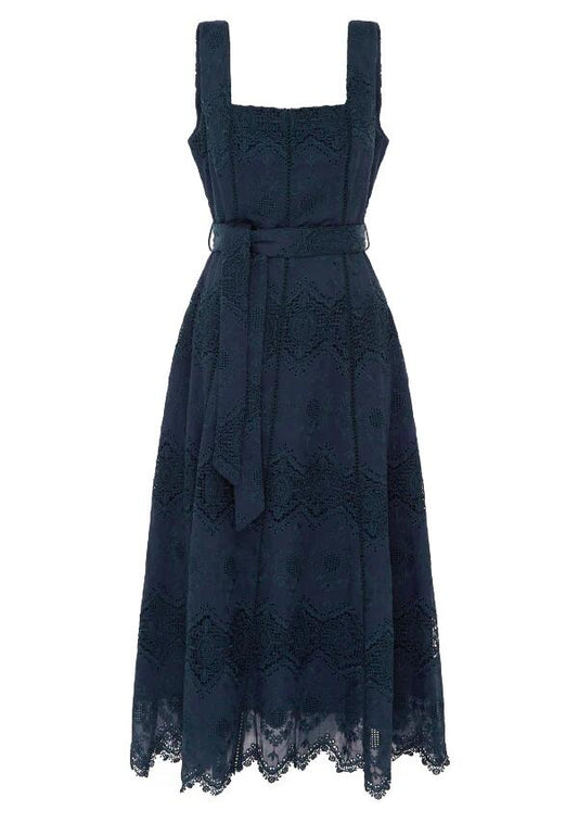 Image of a model wearing Dress. Productname: Mariana Embroidery Midi Dress in Navy colour by brand - MOS The Label