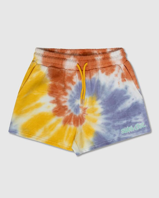 Image of a model wearing Shorts. Product name - Santa Cruz Girls 8-16 Santacruz Tropic Strip Shorts Gold Tie Dye in Gold Tie Dye colour by brand - Santa Cruz