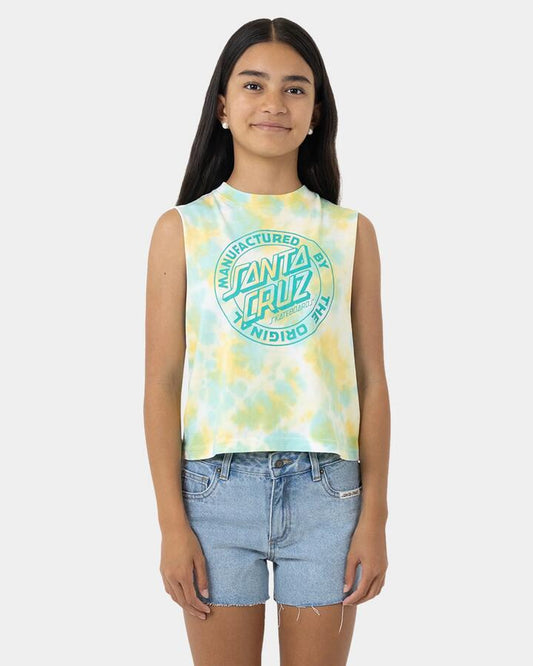 Image of a model wearing Tops. Product name - Santa Cruz Girls 8-16 Mfg Dot Mono Front Muscle Top Light Green Tie Dye in Light Green Tie Dye colour by brand - Santa Cruz
