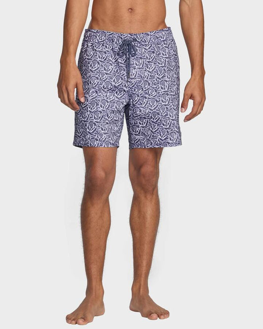 Image of a model wearing Shorts. Productname: RVCA - Mens Barba Roses Elastic 17 Swim Shorts - Light Blue - in Light Blue colour by brand - RVCA