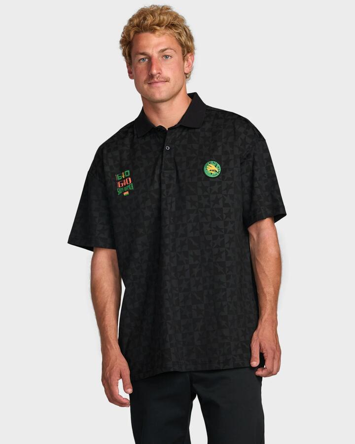 Image of a model wearing Tops. Product name - Billabong Mens Black Star Surf Short Sleeve Polo Black in Black colour by brand - Billabong