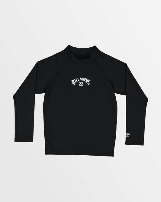 Image of a model wearing Tops. Product name - Billabong Boys 0-7 All Day Arch Long Sleeve Rash Vest Black in Black colour by brand - Billabong