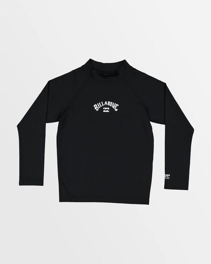 Image of a model wearing Tops. Product name - Billabong Boys 0-7 All Day Arch Long Sleeve Rash Vest Black in Black colour by brand - Billabong