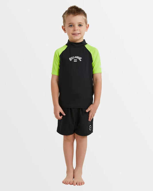 Image of a model wearing Tops. Product name - Billabong Boys 2-7 All Day Arch Short Sleeve Rash Vest Black/Neon Yellow in Black/Neon Yellow colour by brand - Billabong